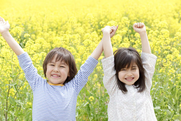 菜の花畑で両手を挙げる男の子と女の子