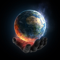 Illustrated hand holding a burning Earth - obrazy, fototapety, plakaty