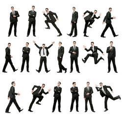 Handsome happy businessman in black suit on white. Collection.