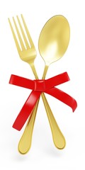 3d golden spoon and fork with red bow