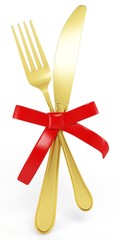 3d golden Knife and fork with red bow