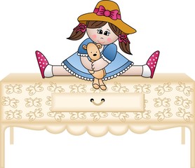 Girl hugging teddy bear on the chest of drawers