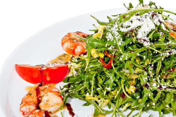 shrimps cocktail appetizer on brown towel with lemon and cherry
