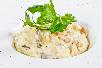 Bowl of mushroom risotto.