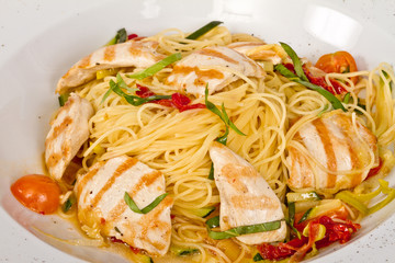 close-up of plate of pasta and chicken
