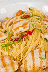 close-up of plate of pasta and chicken