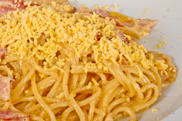 spaghetti carbonara pasta with bacon and mushrooms