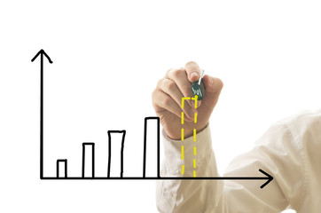 Businessman drawing bar graph with marker over white