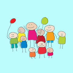 Naklejka premium Drawing of a group of people or big family with little children