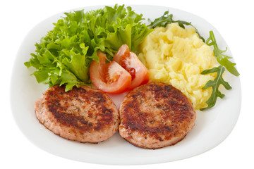 grilled turkey hamburgers with mashed potato and salad
