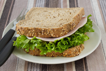 sandwich with ham and lettuce on the plate