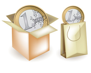 Box and shopper with euro, Vector package and wrapping