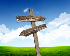 Blank road signs against blue sky