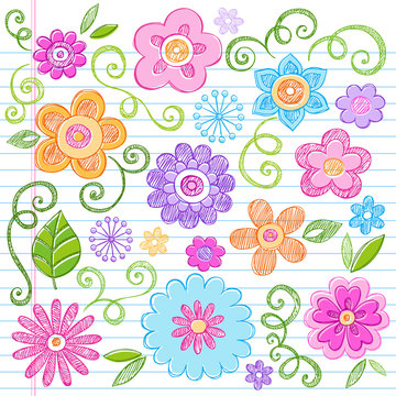 Colorful Flowers Sketchy Doodle Vector Design Elements Set