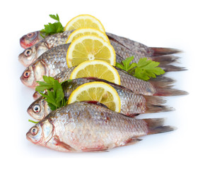 Fresh fishes with lemon and parsley isolated on white