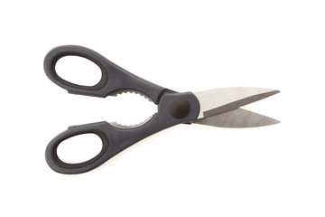 Kitchen scissors or shears, metal steel plastic on white.