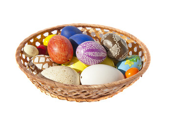 Painted Easter eggs wicker dish table decoration