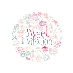 Set of Cakes, Sweets and Desserts -Invitation Card in vector