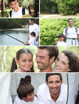 Collage illustrating a family camping holiday