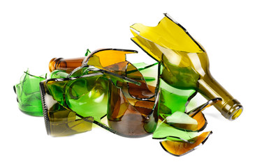Waste glass.Recycled.Shattered green and brown bottle