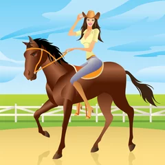 Afwasbaar Fotobehang Wilde Westen Meisje rijdt op een paard in westerse stijl - vectorillustratie