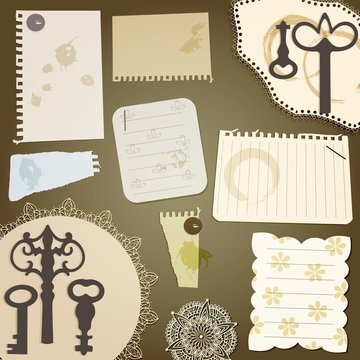vector scrapbook design elements: vintage key, torn pices of pap