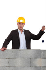 Builder using a plumb line