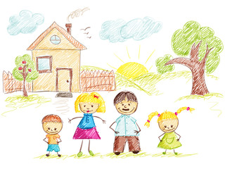 Obraz na płótnie Canvas Family and House sketch color