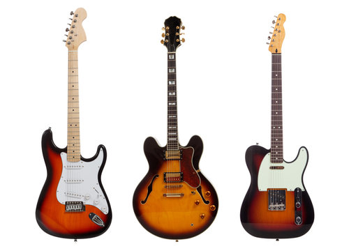 Group of three Electric guitars on white background