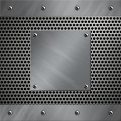 Brushed aluminum frame bolted to a perforated metal background