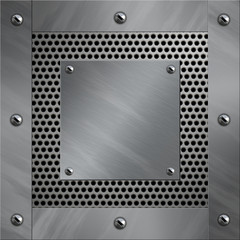 Brushed aluminum frame bolted to a perforated metal background