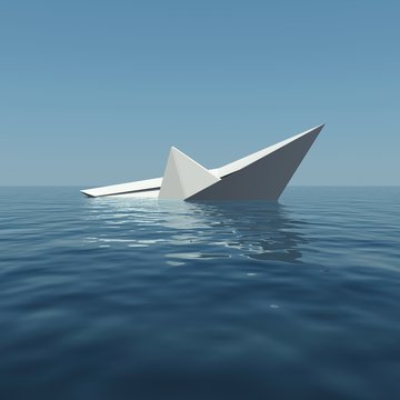 Paper boat is sinking into the sea. 3D rendering