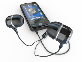 Mobile phone with headphones. 3d