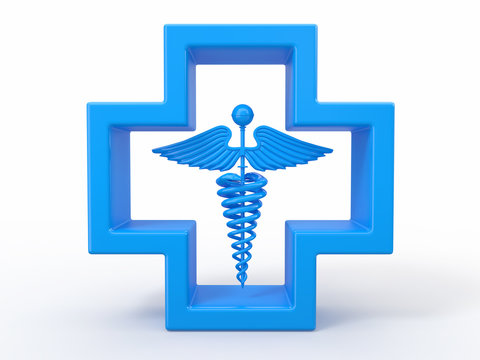 Healthcare and medical symbol. Caduseus in cross.