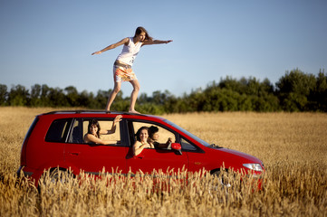 Red car on a wheat fields