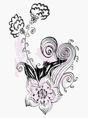 illustration with hand-drawn flowers and design element.
