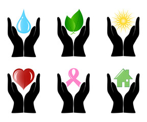 Fototapeta premium Vector illustration of a set of environment icons with human han