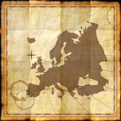 Europe map on old paper with coffee stains