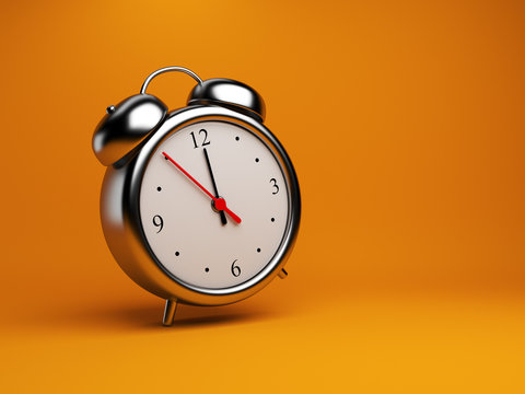 Clock Alarm 3D. Time Concept. On Orange Background