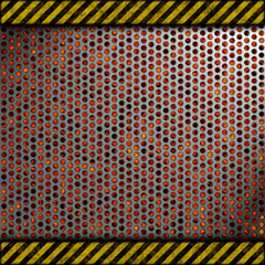Perforated metal background with warning stripes over fire