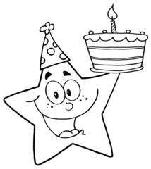 Outline Happy Star Holding A Birthday Cake