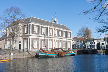 Traditional wooden barge in old historic harbor of Schiedam, The