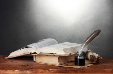old books, scrolls, feather pen and inkwell - Powered by Adobe