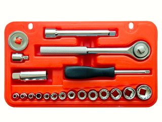 Tool kit of various metal tools in the red box