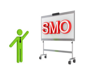 3d small person with a flipchart and big word SMO.