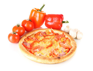 Aromatic pizza with vegetables and mushrooms isolated on white