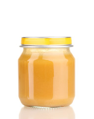 Jar of baby puree isolated on white