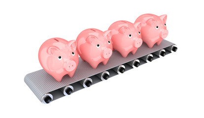 Pink piggy banks on grey conveyor.
