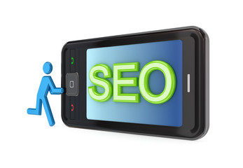 Modern mobile phone with big word SEO.