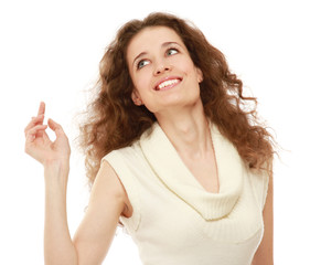 A young emotional woman , pointing something